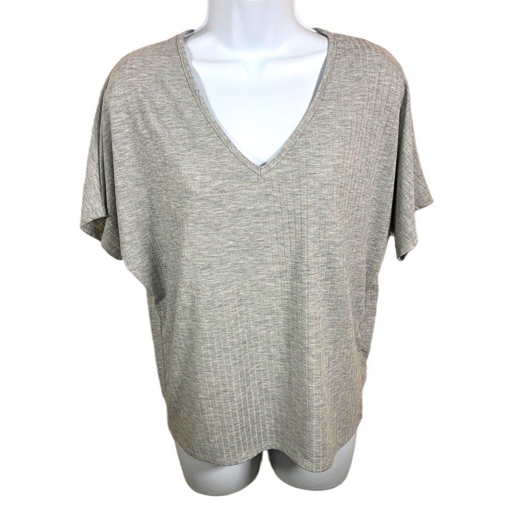 L Missguided Grey Ribbed V Neck Short Sleeve T Shirt Stretch Lightly Cropped
